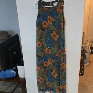 Sleeveless Olive Maxi Dress with Blue & Orange Floral Print